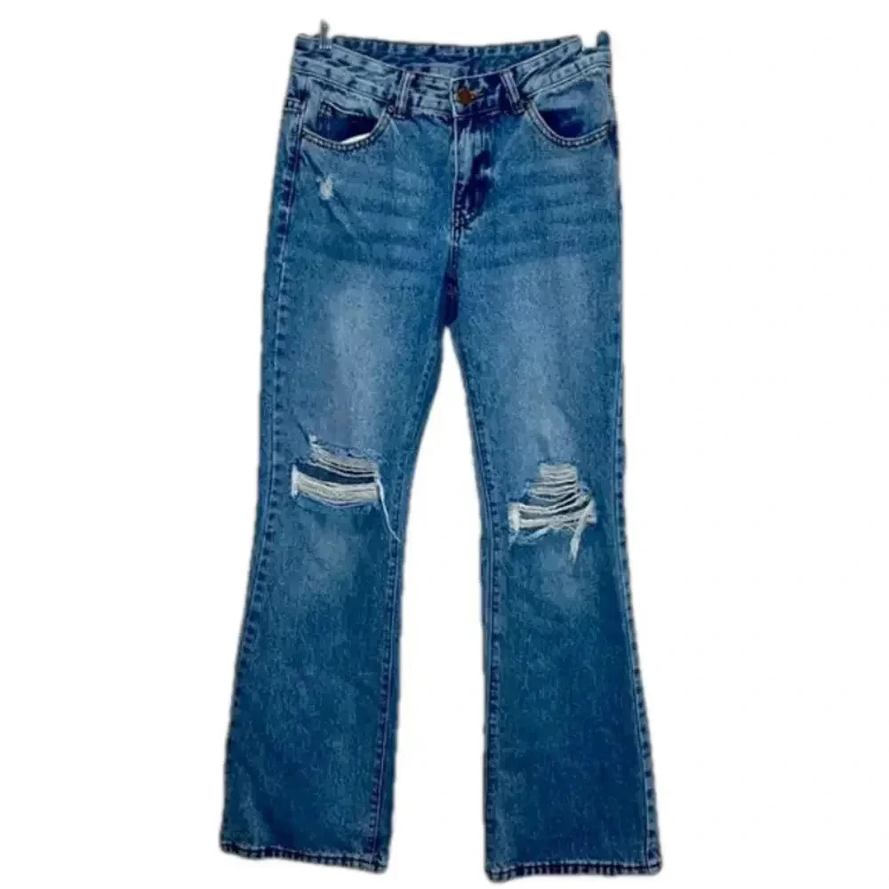 SHEIN flare jeans some distress medium wash xs small jeans‎ juniors jeans denim
